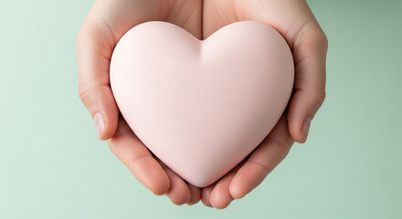 Fototapeta premium Hands gently holding a light pink heart-shaped object, a perfect concept for gentle love, self-care, and heartfelt kindness