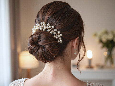 Back shot of low bun hairstyle adorned with pearl accessories, soft glowing background,The pearl low bun radiates elegance, highlighting the bride&rsquo;s purity and grace.
