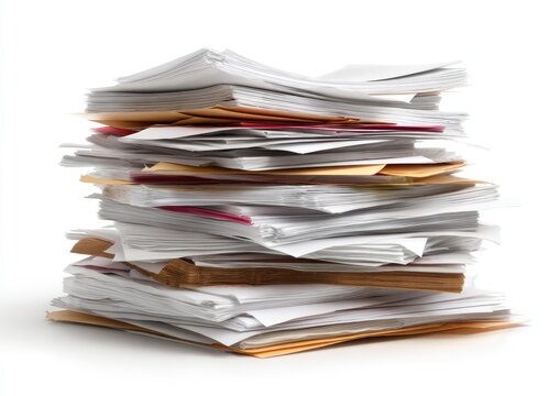 A towering stack of various-colored paper documents, with folders, against a white background