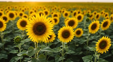 Fototapeta premium Vibrant sunflowers stretch towards the horizon in an endless summer field