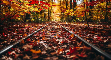 Autumn Railroad Tracks Fall Foliage, Scenic Forest, Train Tracks