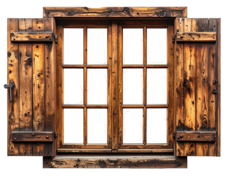 Rustic wooden window with missing panes