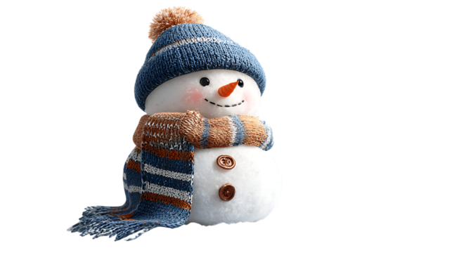 Adorable snowman with a blue hat and striped scarf isolated on transparent background.
