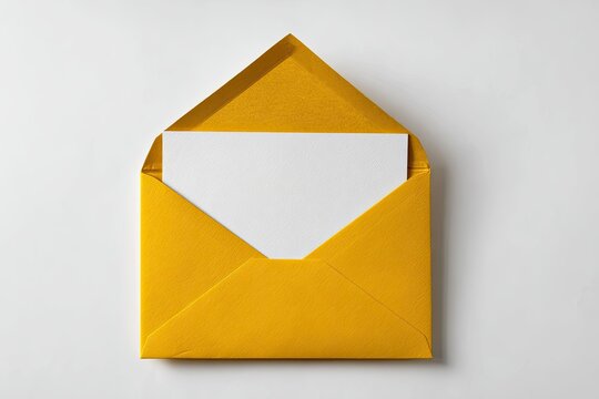 Bright yellow envelope slightly opened with a blank white card inside, centered on a white backdrop