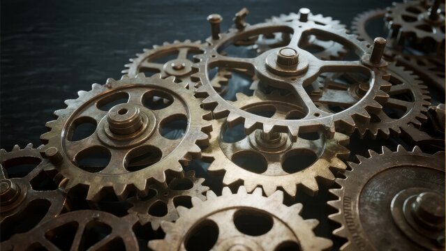 Interlocking brass gears in close-up, showcasing mechanical precision and vintage industrial design