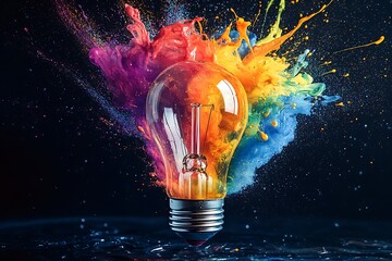 Light Bulb Surrounded by Explosive Colorful Paint on Water Idea Generation Concept
