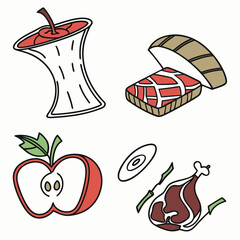 Collection of stylized food illustrations including an apple core sushi a sliced apple and a meat dish