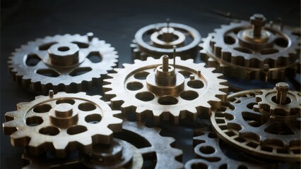 Close-up of interlocking brass gears and mechanical components on a dark background