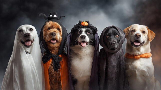Halloween dogs in costumes cute dog halloween parade spooky pets trick or treat dogs party - Powered by Adobe