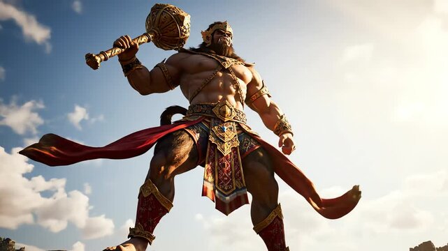 mighty mythological warrior holding golden mace powerful deity