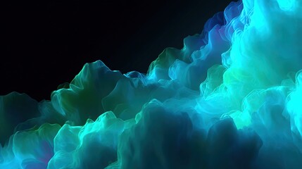 Abstract depiction of glowing, vaporous forms, with shifting blues, greens, and hints of purple, against a black background
