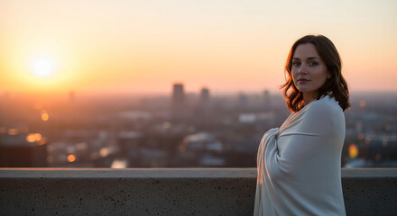 Fototapeta premium A serene woman on a rooftop, watching the sunset over a city skyline, a perfect concept for urban tranquility, contemplation, and finding peace