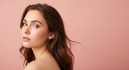 Fototapeta premium A beautiful, natural beauty portrait of a young woman with a soft, gentle expression, a perfect image for skincare and subtle cosmetic branding