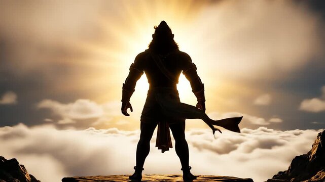 powerful figure silhouette sunburst above clouds