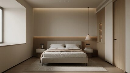 Minimalist bedroom with neutral tones, modern lighting, and built-in furniture