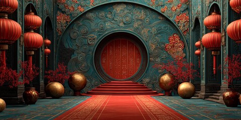 Obraz premium Intricate entrance to a vibrant, traditional hall adorned with lanterns and intricate carvings during a festive celebration