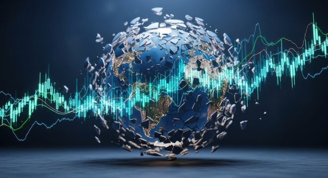 Stunning visual of a fractured Earth globe overlaid with dynamic stock market charts suggesting global financial crisis or market volatility risk, future opportunity