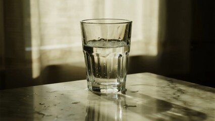 A glass of water on a table with sunlight casting shadows through curtains