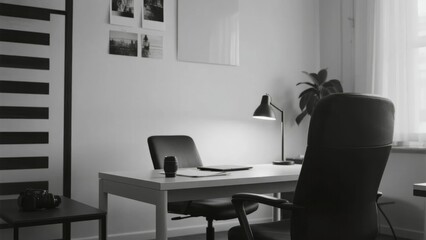 Minimalist home office with desk, laptop, and chair in black and white