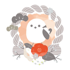 灰色しめ縄とシマエナガ、紅白椿の和風リース（お正月飾り）/ Gray Shimenawa Wreath with Long-tailed Tit and Red and White Camellia