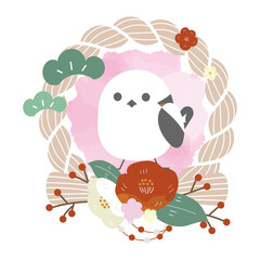 ベージュしめ縄とシマエナガ、紅白椿の和風リース（お正月飾り）/Beige Shimenawa Wreath with Long-tailed Tit and Red and White Camellia