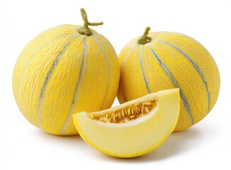Three yellow cantaloupe melons, one sliced, against white background