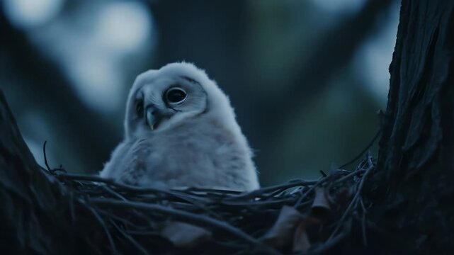 Adorable owlet observes its surroundings from the nest at night.