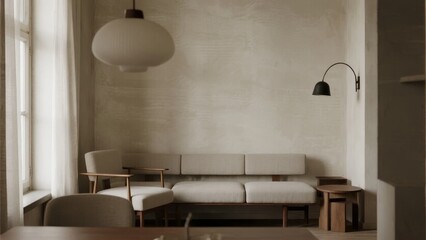 Minimalist living room with neutral tones, wooden furniture, and soft lighting