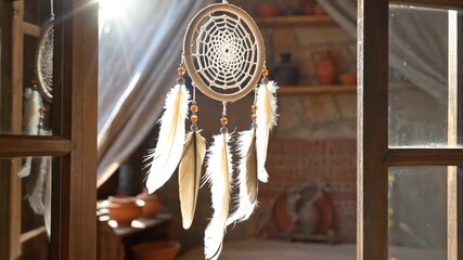 Beautiful dreamcatcher with feathers and beads hanging in a rustic sunlit window - Powered by Adobe