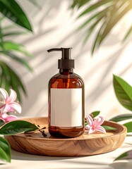 Amber pump bottle on a wooden tray with tropical leaves, sunny lighting