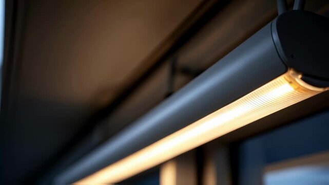 Close medium shot of a sleek LED fixture emitting warm light emphasizing modern energy management technology with a smooth outoffocus background.