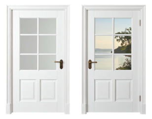 Two white wooden doors with glass panels