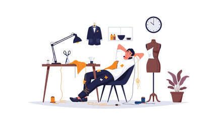 Relaxed Tailor Taking a Break Amidst Sewing Tools and Attire.