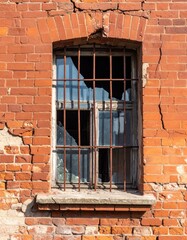 Weathered brick building with barred window, broken glass