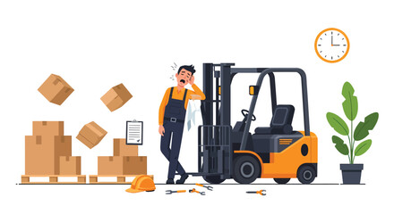 Exhausted worker leaning on forklift after a long day of moving boxes.