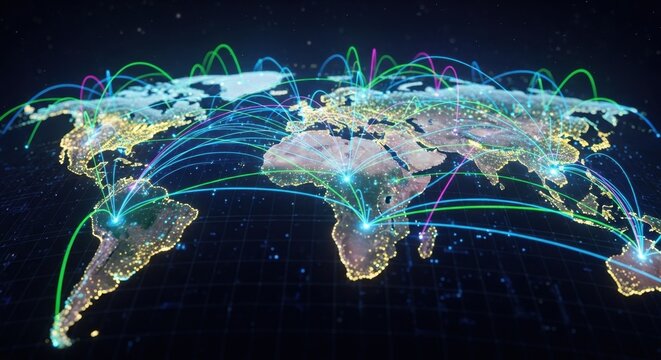 Global network connecting world continents with vibrant digital lines for international business and technology solutions, showcasing worldwide connections