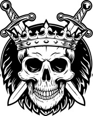SVG skull tattoo design in a Halloween dark warrior style. Crowned Skull with Swords in Bold Monochrome Design