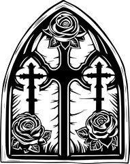 SVG skull tattoo design in a Halloween dark warrior style. Gothic Window Design with Roses and Crosses in Black and White