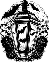 SVG skull tattoo design in a Halloween dark warrior style. Vintage Halloween Lantern Design with Bats and Gothic Elements