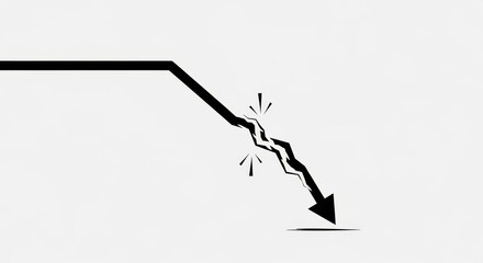 Dramatic arrow pointing down with a break symbolizing financial loss, market crash, or economic downturn in black and white for powerful impact