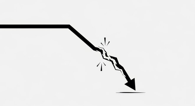 Dramatic arrow pointing down with a break symbolizing financial loss, market crash, or economic downturn in black and white for powerful impact