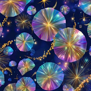 A vibrant, iridescent pattern of circular shapes, set against a dark navy background. Fireworks and sparkling details add to the festive design