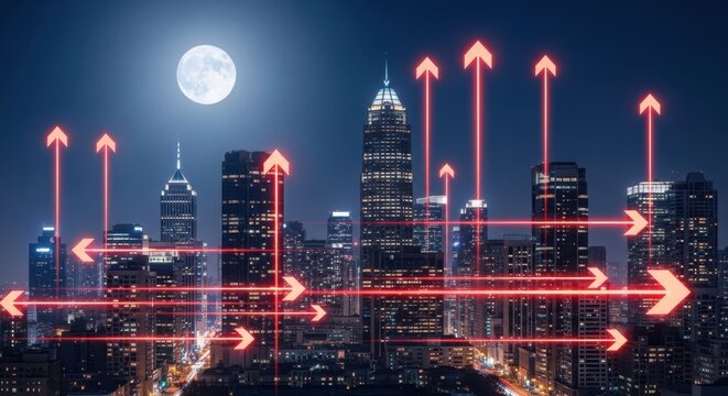 Stunning cityscape illuminated by moonlight with vibrant digital growth arrows soaring above modern architecture for dynamic business investment visuals - Powered by Adobe