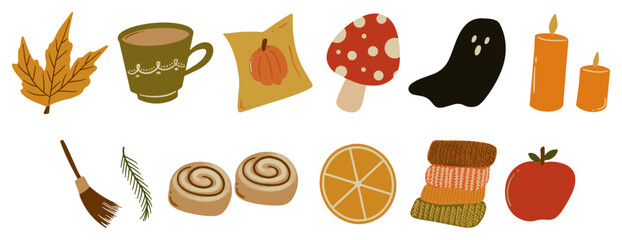 Cute Autumn Elements Illustration with Mushrooms, Sweater, Apple, Cinnamon Rolls, Maple Leaves, and