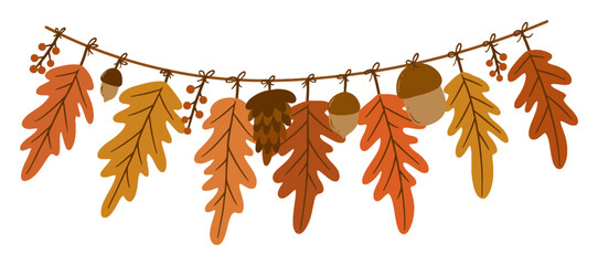Cute Autumn Garland with Fall Leaves, Red Berries, and Acorns