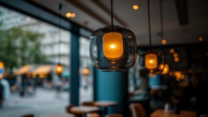 Medium shot of modern pendant lights with warm amber bulbs glowing softly main fixture sharp against blurred background creating a cozy ambiance. - Powered by Adobe