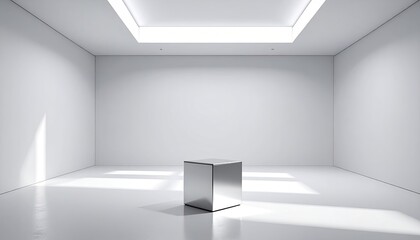 Minimalist all-white room with a single metallic cube bathed in sunlight