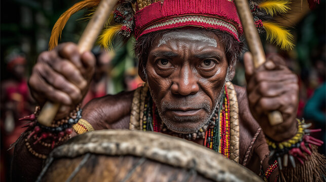 Elderly tribal man playing traditional drum during Wangala Festival in Meghalaya India, cultural heritage celebration of Garo tribe showcasing music, rhythm and harvest thanksgiving rituals