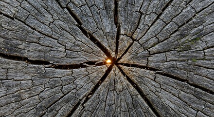 Fototapeta premium Intricate cross-section of a weathered tree trunk revealing an inner light