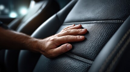 A hand touches the textured leather seat of a car interior, highlighting the material's detail and craftsmanship.